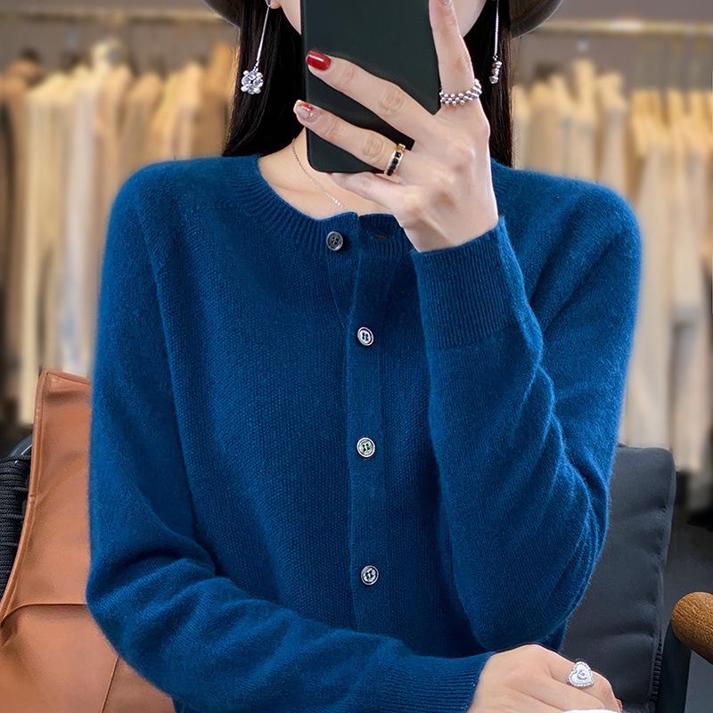 

Новый осенне-зимний кардиган с круглым вырезом для женщин, топ с длинным рукавом, базовый слой, верхняя одежда, модный и универсальный вязаный свитер XXL синий