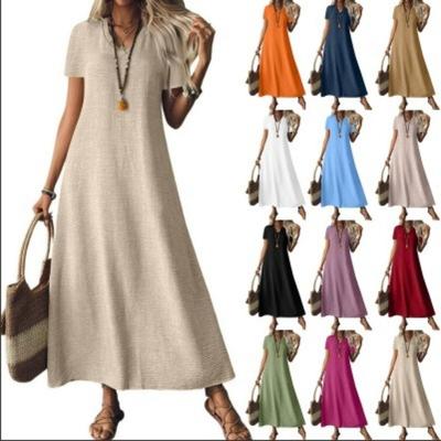Women's V-Neck Short Sleeve Ankle-Length Maxi Dress In 12 Colors, Casual Loose Fit with Crossbody Bag