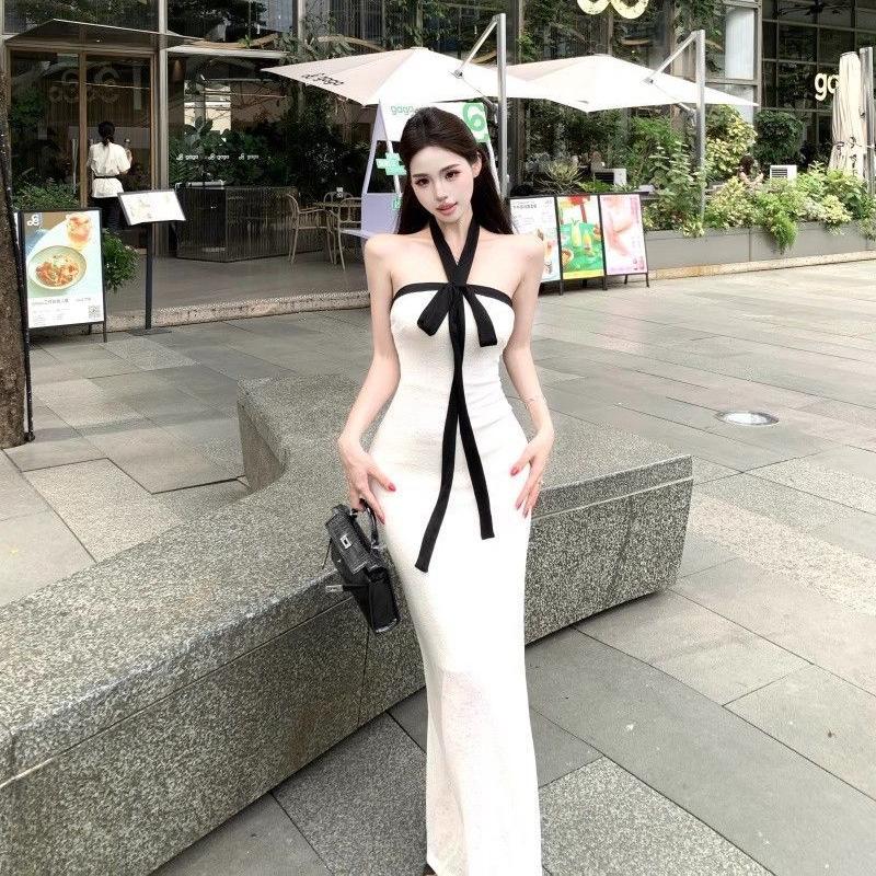 Pure desire wind backless neck tube top dress women's summer body waist skirt contrasting color Spice girl hip wrap dress