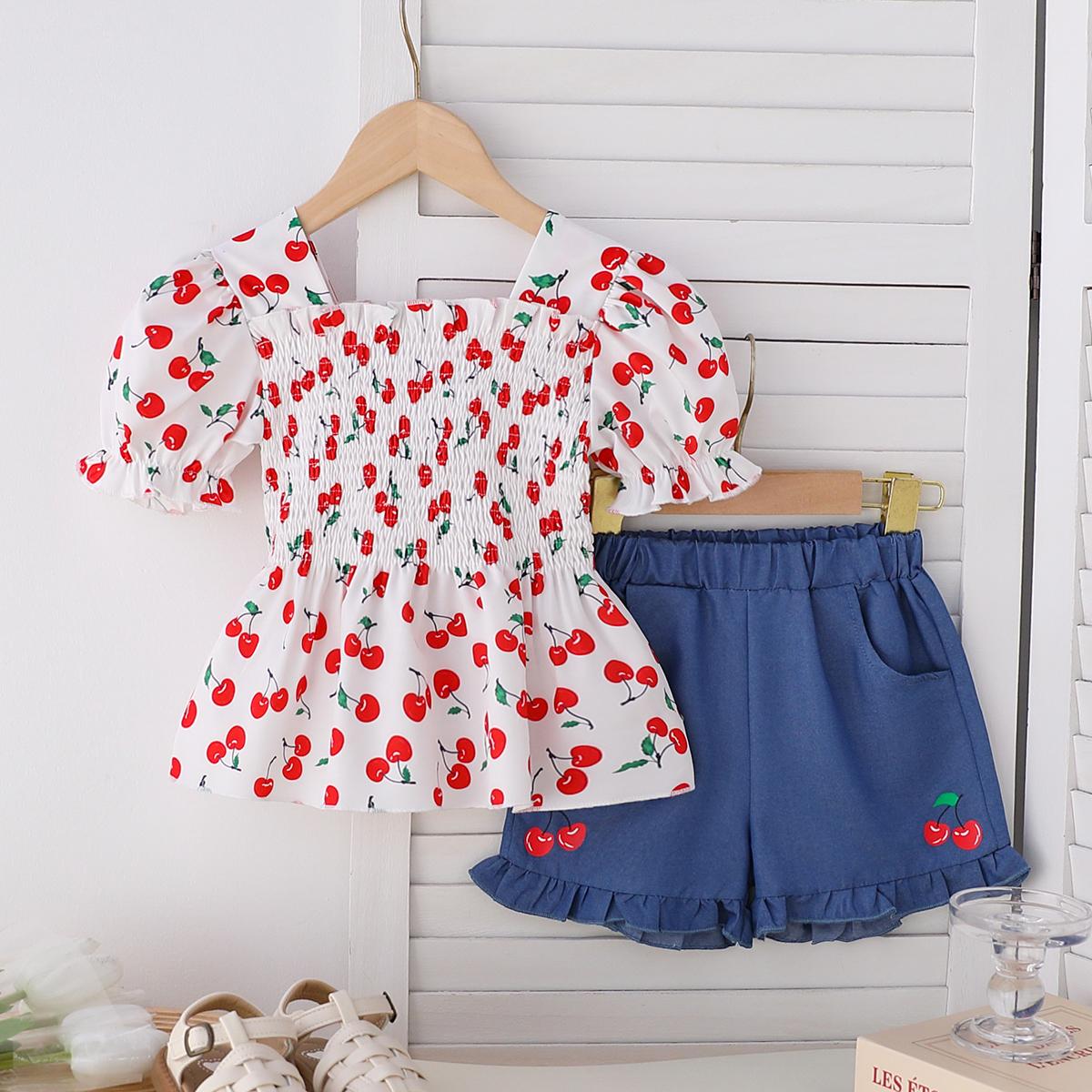 

Kids Girls Clothing Set 3-7Y Summer White Cherry Print Top with Jeans-like style Shorts 2PCS Outfit 4Y синий