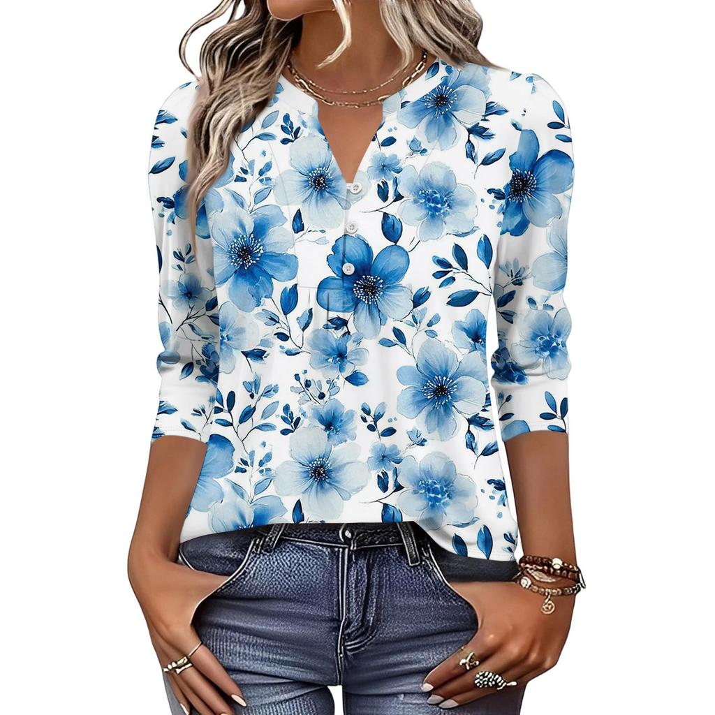Women's Fashionable Casual Retro Floral V-Neck Decorative Button Three-Quarter Sleeve T-Shirt Top
