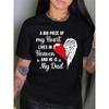 European Size Comfy 'Heaven & Dad' Graphic Tee for Women - Black, Short Sleeve Crew Neck with Red Heart & Angel Wings Design,Casual Summer Top