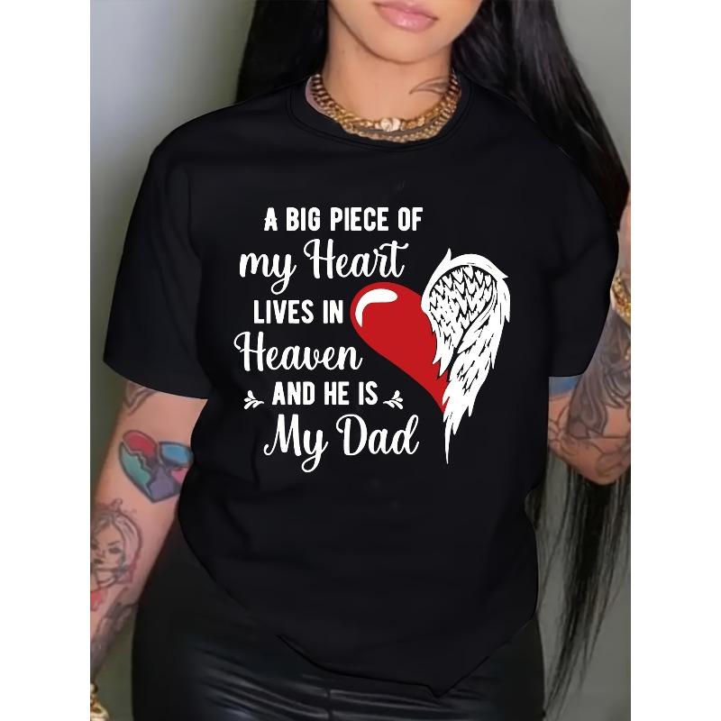 European Size Comfy 'Heaven & Dad' Graphic Tee for Women - Black, Short Sleeve Crew Neck with Red Heart & Angel Wings Design,Casual Summer Top