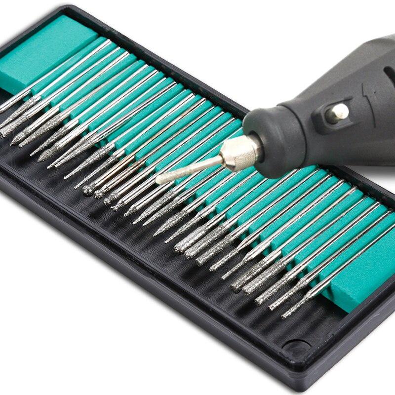 30pcs 3mm Shank Diamond Burs Set with Box for Dremel Electric Grinder Power Tool Accessories Abrasive Tools