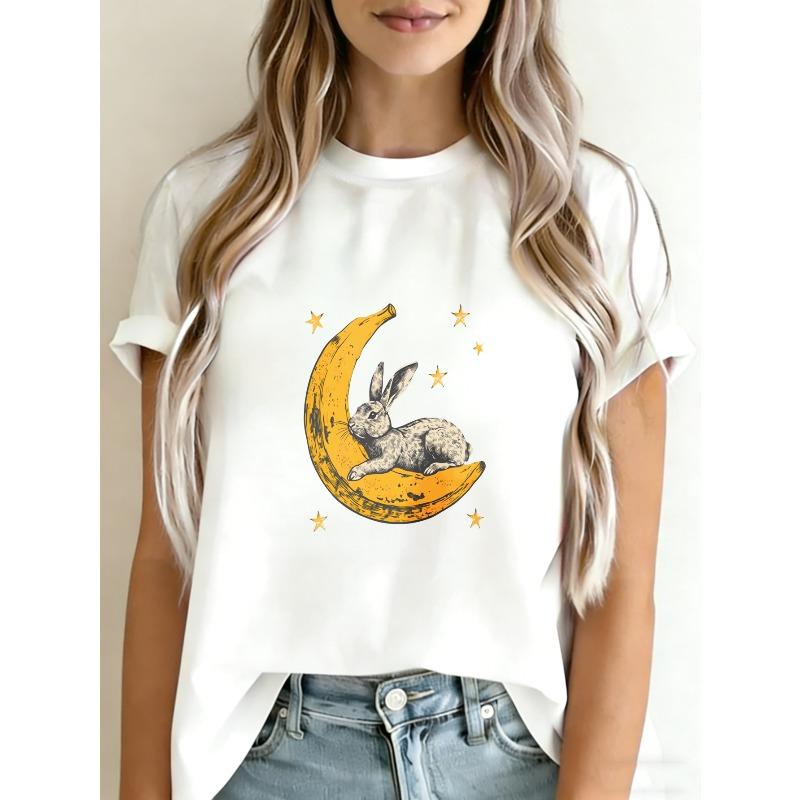 Weißes T-Shirt mit Mondhase- und Sterne-Print Lässiges Sommeroberteil für Damen