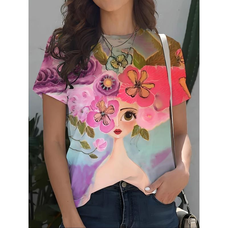 

Летний топ с круглым вырезом и 3D-принтом девушки, модные повседневные женские футболки с коротким рукавом 6XL