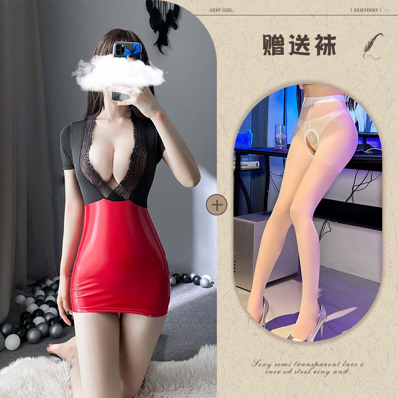 New Sexy Underwear Sexy Women OL Office Temptation Burst Tits Hip-wrapped Secretary Patent Leather