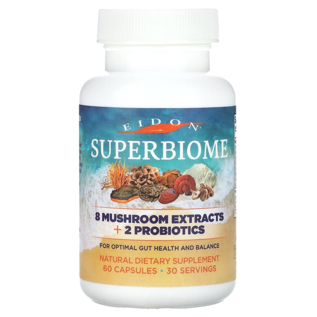 Superbiome, 8 Mushroom Extracts + 2 Probiotics, 60 Capsules