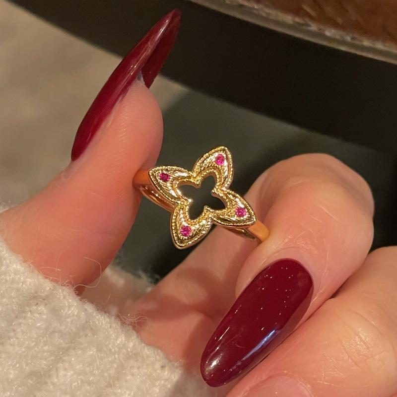 Medieval Serpentine Four-Leaf Clover Oil Drop Open Ring Niche Design Personalized Exquisite Zircon Light Luxury Accessories Adjustable opening
