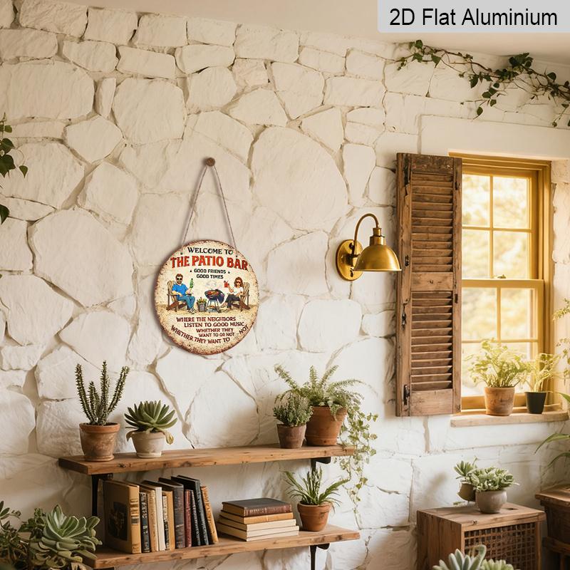2D Flat, 1pc Round Aluminum Hanging Sign, "Welcome To The Patio Bar" Retro Metal Wall Plaque, Vintage BBQ & Friends Drinking Design, Ideal for
