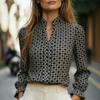 Women S Vintage Printed V Neck Long Sleeve Casual Blouse