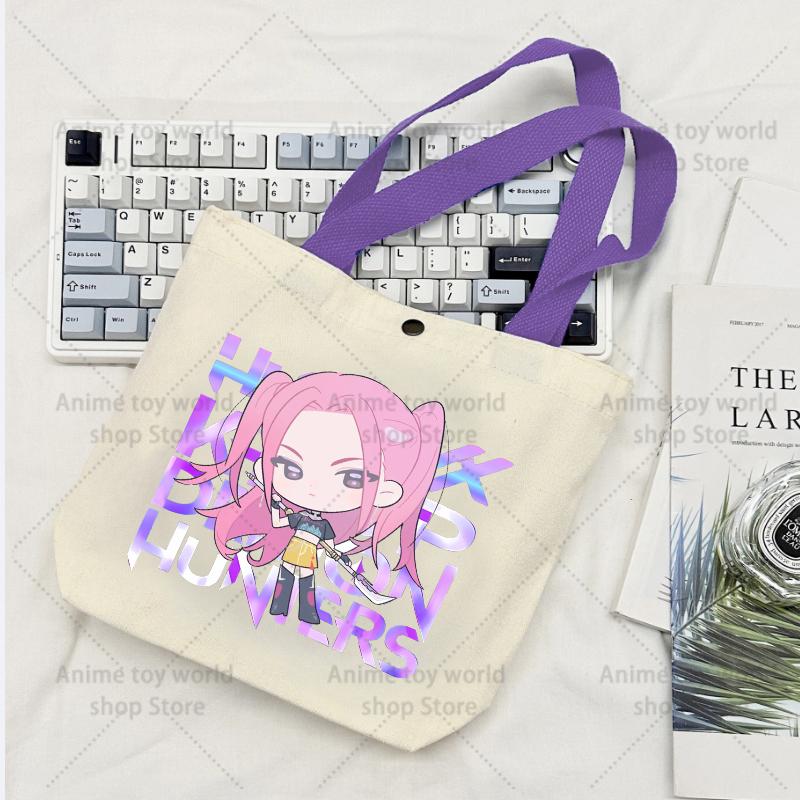 Beautiful KPop Demon Hunters GIRLS Canvas Shopping Bags Women Cotton Tote Bags Reusable Cartoon Letter Shoulder Bag Grocery Handbag Beige