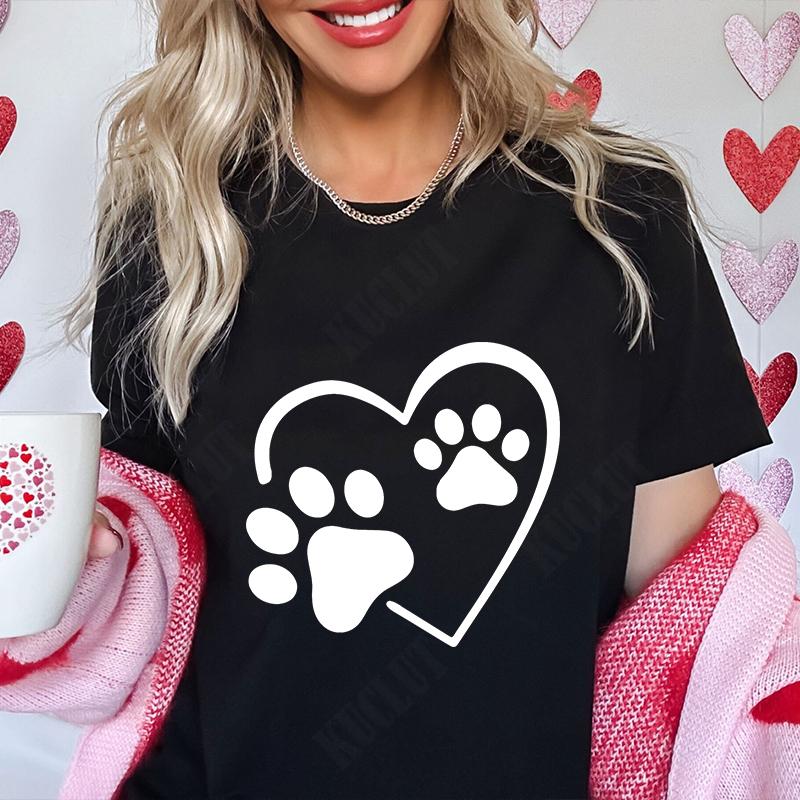 Funny Heart  Dog Paw Print Women Tshirts Fashion Summer Ladies Tshirts Short Sleeves Clothes Love Heart Fashion Casual Shirts