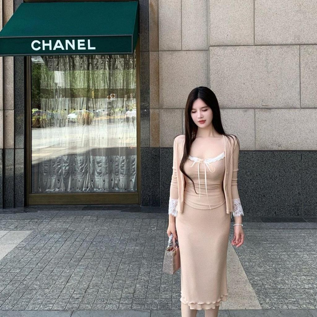 Women's Autumn Three-Piece Set: Long Sleeve Cardigan, Lace Camisole, Long Skirt