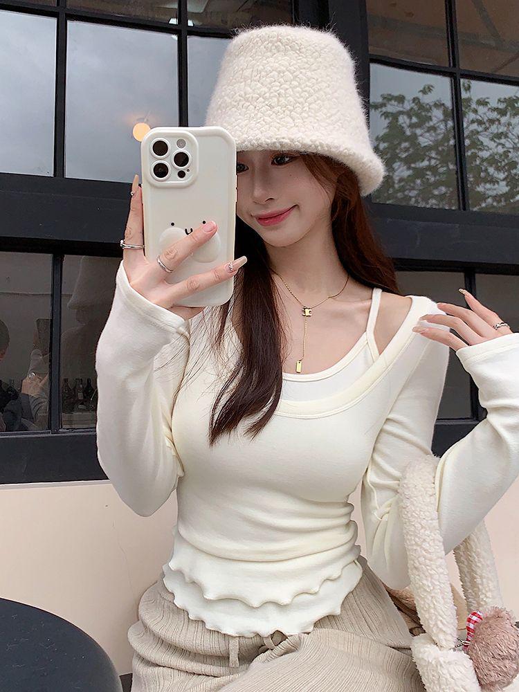 Pure Style Two-Piece Long-Sleeve Ruffle Top: Slim-Fit, Versatile Korean Fashion