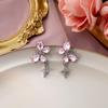 Silver Needle Asymmetrical Chain Earrings: Sweet Pink Zircon, Butterfly & Bear Designs for Women