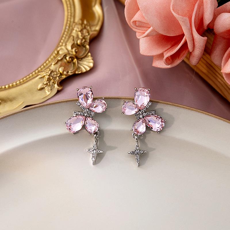 Silver Needle Asymmetrical Chain Earrings: Sweet Pink Zircon, Butterfly & Bear Designs for Women