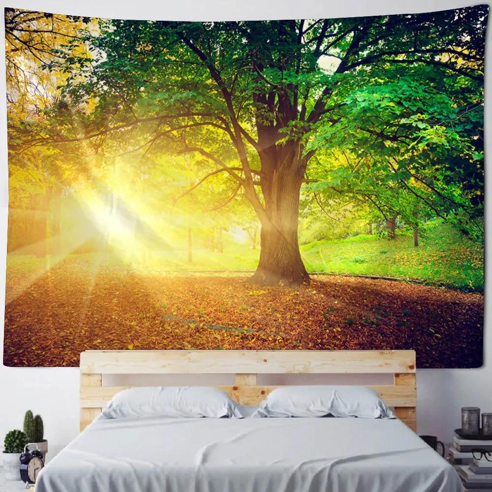 Sunshine Forest Wall Mounted Tapestry Polyester Fabric Bedroom Living Room Sofa Carpet Bohemian Style Art Decoration