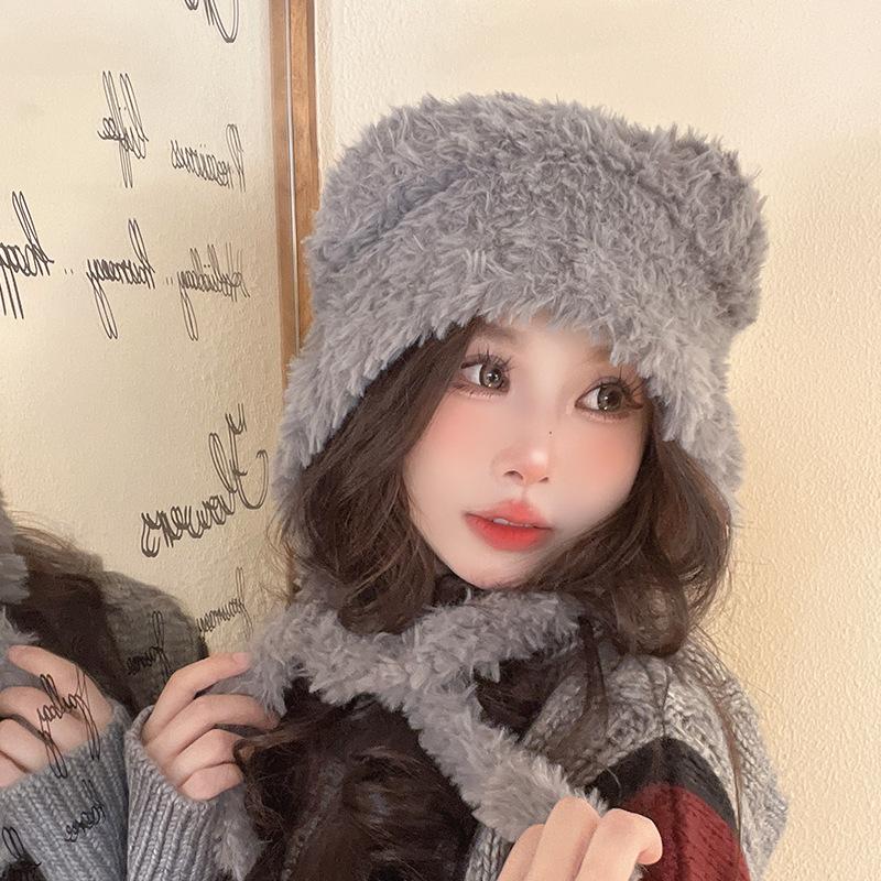 Cute Bear Plush Hat for Women In Autumn and Winter Ear Protection Straps Knitted Wool Hat Riding Windproof Warmth Lei Feng Hat