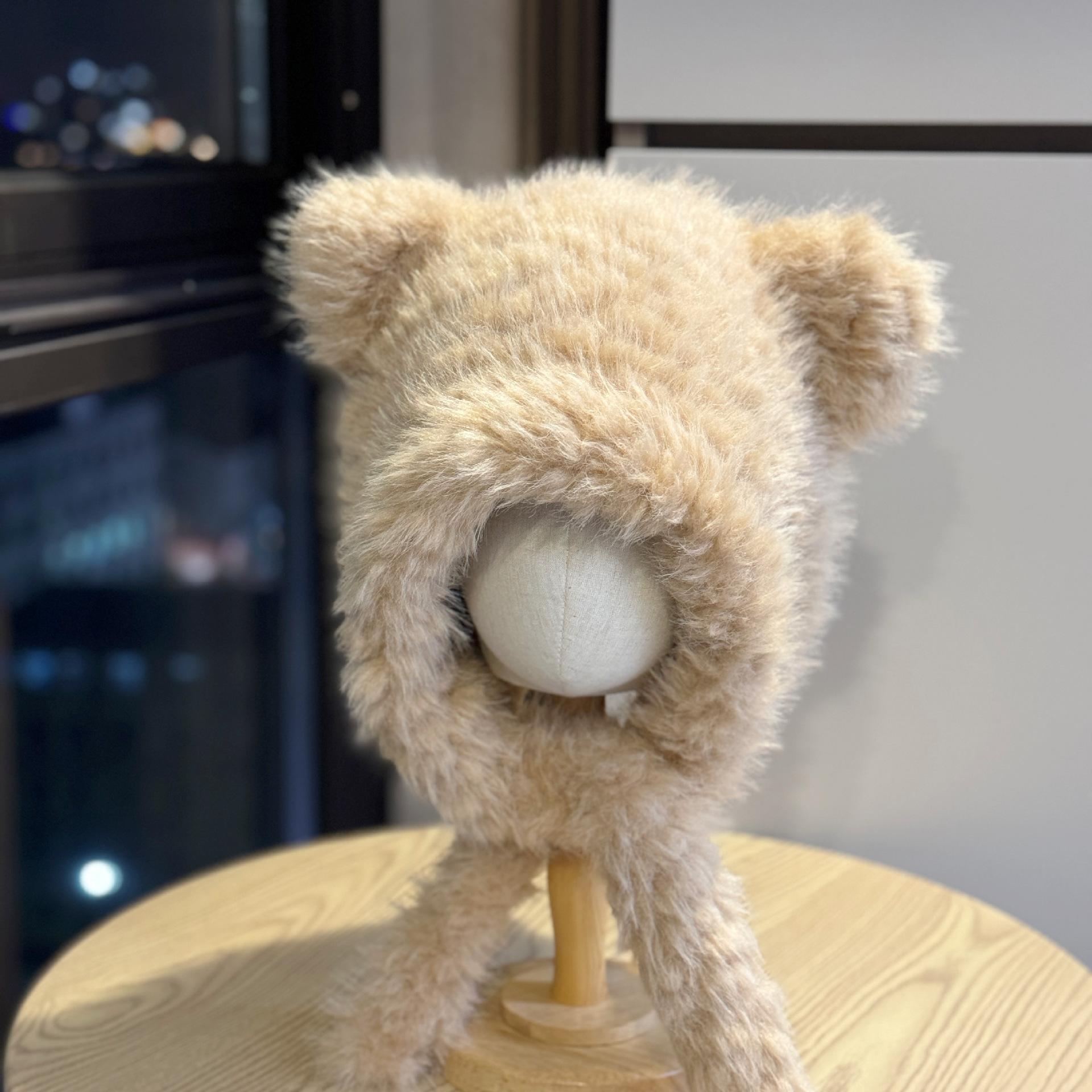 

New cute bear ear plush hat for women, winter face-slimming plush warm hat, Lei Feng hat Adult54-60Average Size хакі