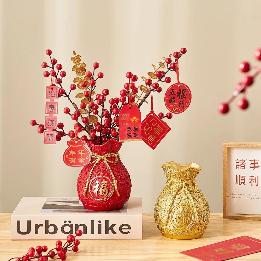 Creative New Year Living Room Decoration Gold Wheat Holly Fortune Fruit Vase Flower Arrangement Dry Flower Bag Vase