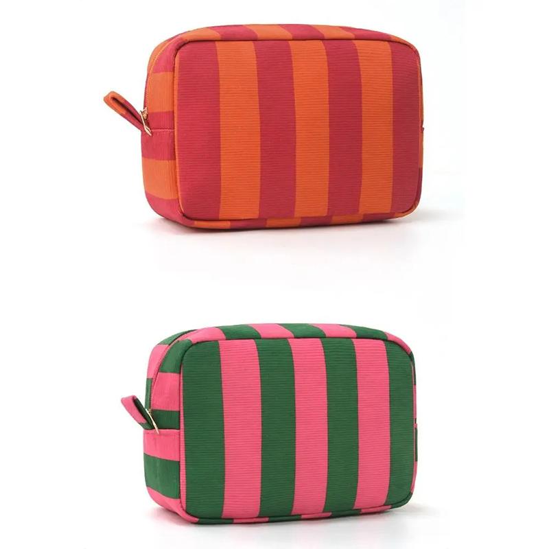 Durable Corduroy Storage Bag Stripe Design Makeup Train Cases High Capacity Travel Makeup Bag