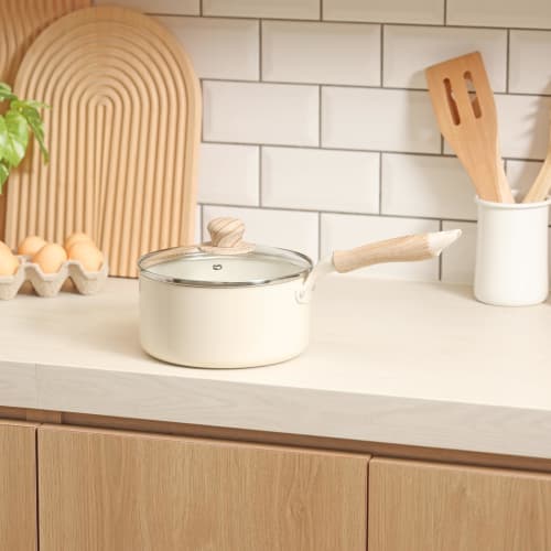 Pearl Metal Ceramill HC-870, 18cm Deep Saucepan with Ceramic Interior, Induction and Gas Compatible, Glass Lid, PFOA-Free, PTFE-Free, Metal Spatula Co