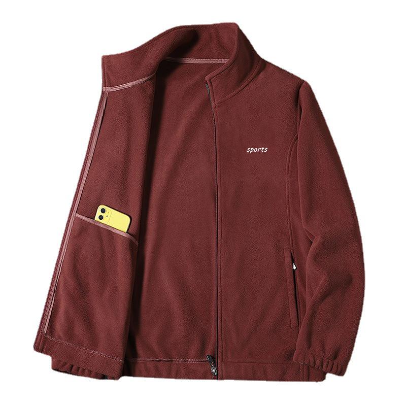 Men's Autumn Korean Style Stand Collar Velvet Jacket with Lambswool and Zipper Welt Pockets