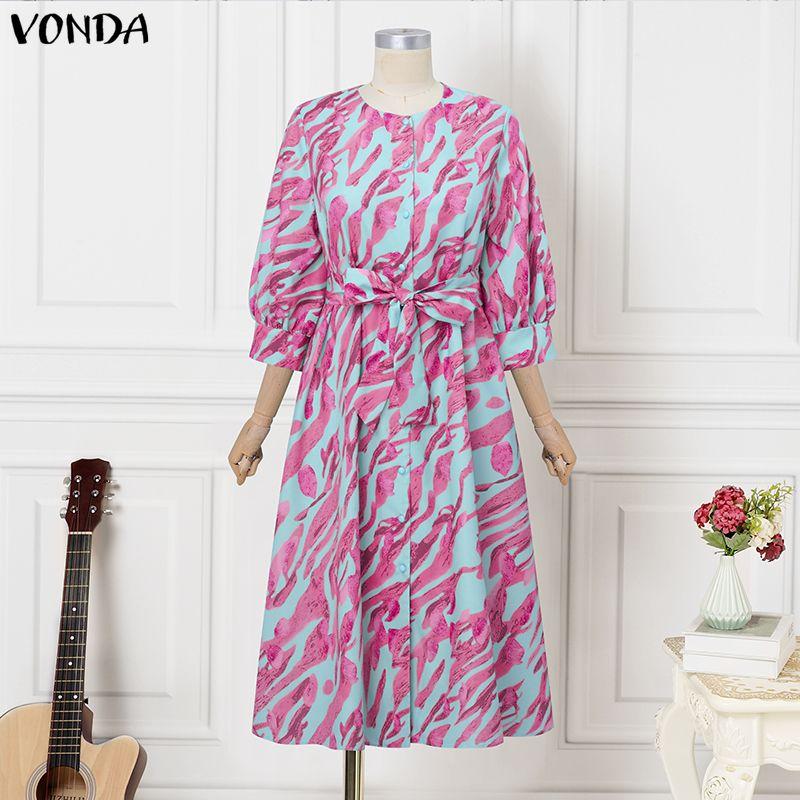 

VONDA Vintage Women O-neck 3/4 Sleeve Floral Print Belt Casual Pleated Dress 5XL темно-розовый