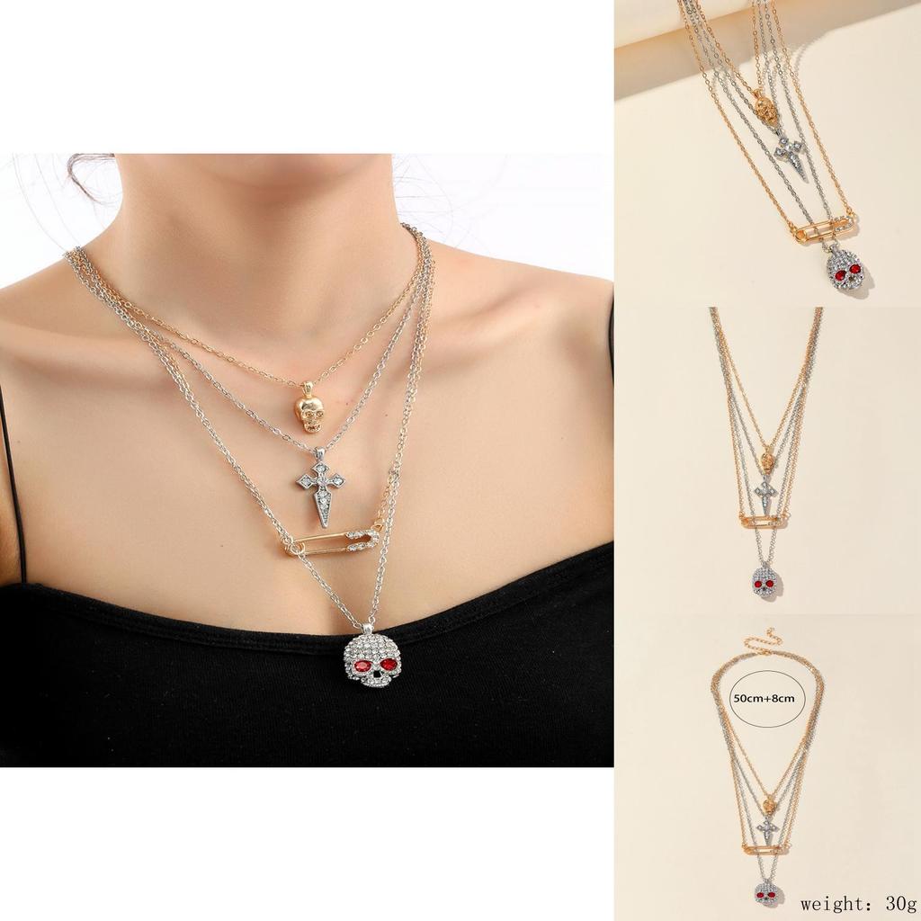 Halloween Skull Cross Pendant Necklace With Water Diamond And Water Wave Chain For Women
