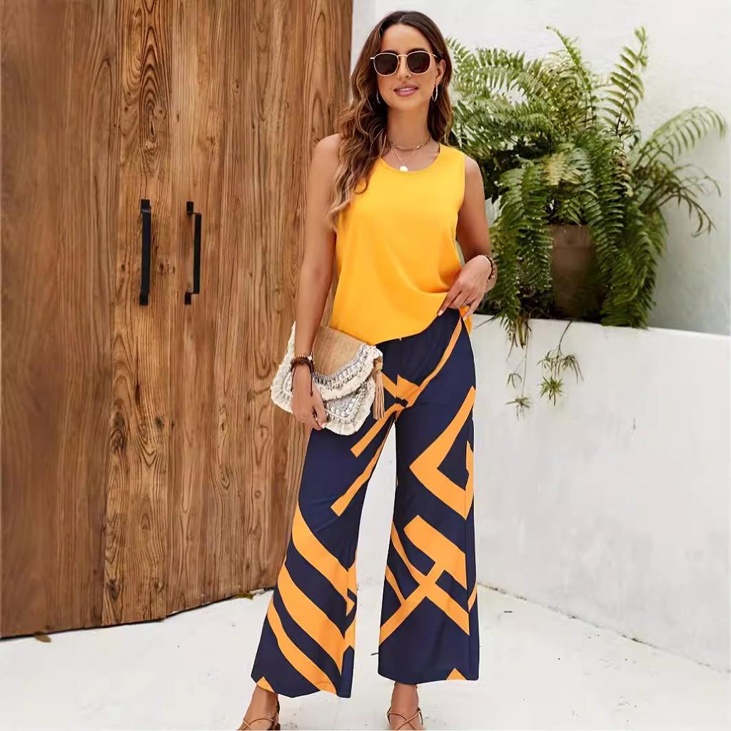 Women's set casual solid color sleeveless round neck vest geometric print trousers two-piece set