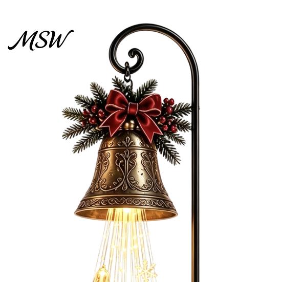 Christmas Garden Stakes Solar Bell Waterfall Light, LED Metal Stake with Red Ribbon, Weatherproof Outdoor Seasonal Lights Auto On/Off, Waterproof Path