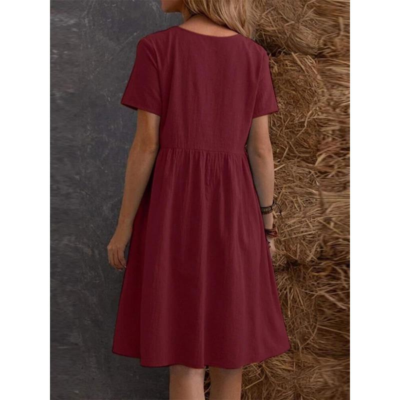 Ancient Wide Pine Pocket Solid Color Round Neck Women's Cotton and Linen Dress