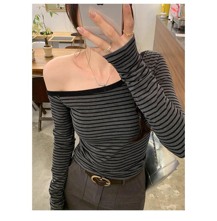 Chic Gray Striped One-Shoulder Long-Sleeve T-Shirt - Women's Autumn Korean Style Slim Fit Off-Shoulder Top