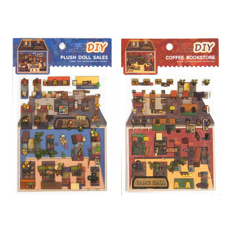 3 Pieces Miniature Scene 3D Fun Cabin Scenery Stickers, Cute Hut Designs & Strong Stereo Effect, Self-Adhesive for Journal DIY