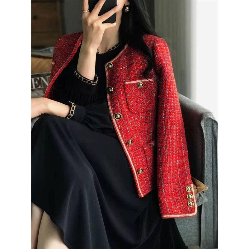 Autumn Winter Vintage Red Tweed Coat Women's Vintage Loose and Versatile Show Thin Temperament Woolen Jacket Fem Long Sleeved Top