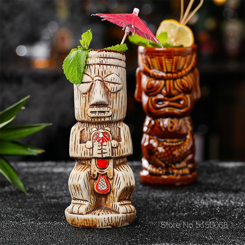 Tiki Mug Ceramic Cocktail Glass Tropical Hawaiian Bar Decor Drinkware Mixed Wine Cup Marine Skull Doll Statue Smoothie Beer Mug