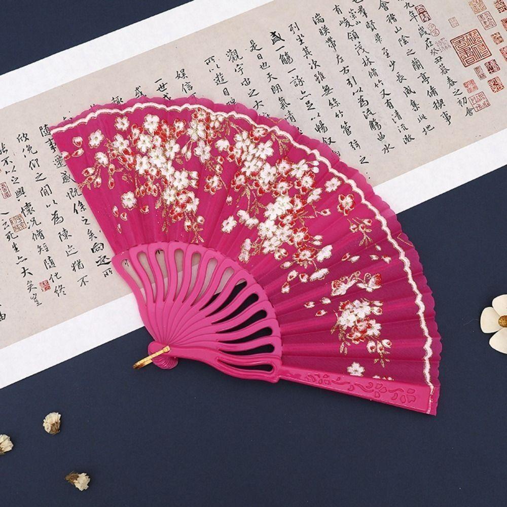 Elegent Chinese Style Plum Blossom Fan Plastic Dance Performance Props Antique Folding Fan Flower Pattern Cloth Dance Fan