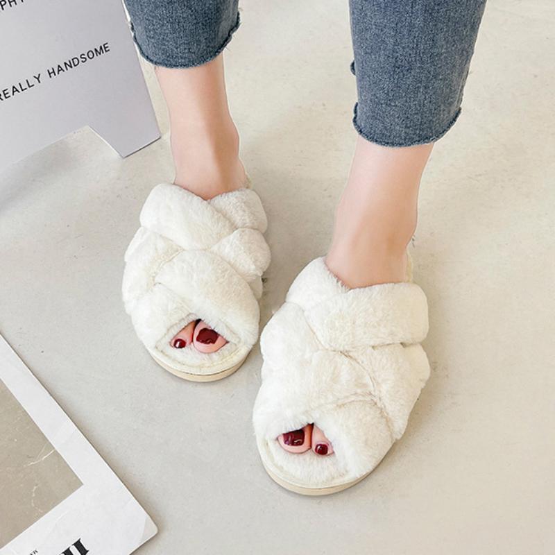 Mesh cross plush slippers, winter plush flat floor mop, exposed toe warm cotton mop