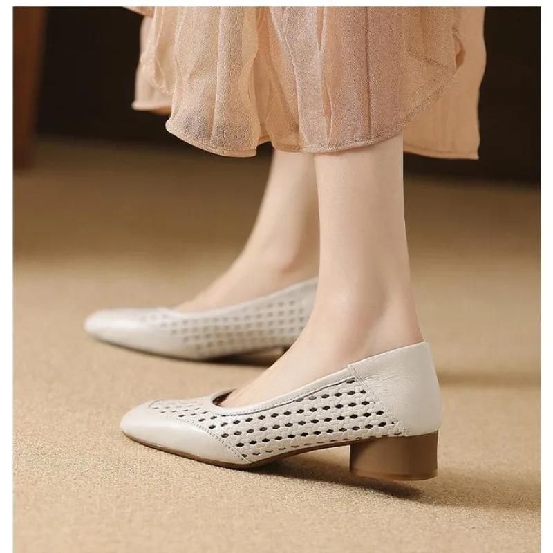 Fashion Design Temperament Hollow High Heel Shoes Women's Summer Leather Square Head Shallow Mouth Shoes Women Zapatos Mujer