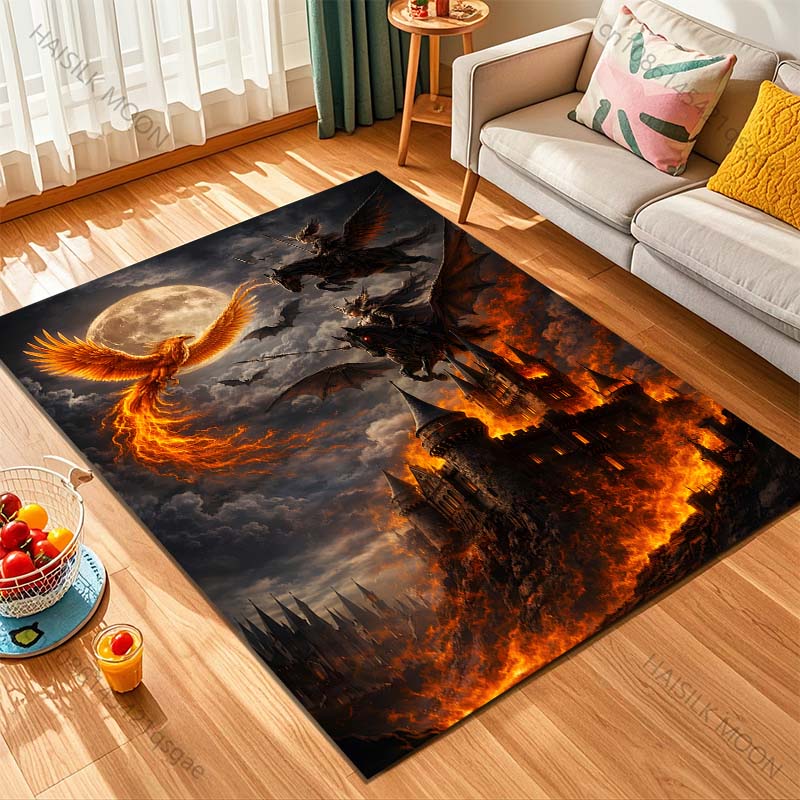 1PC Fiery Castle with Knights and Dragons Print Carpet Rug for Living Room Bedroom Sofa Doormat Home Decor Non-slip Floor Mat