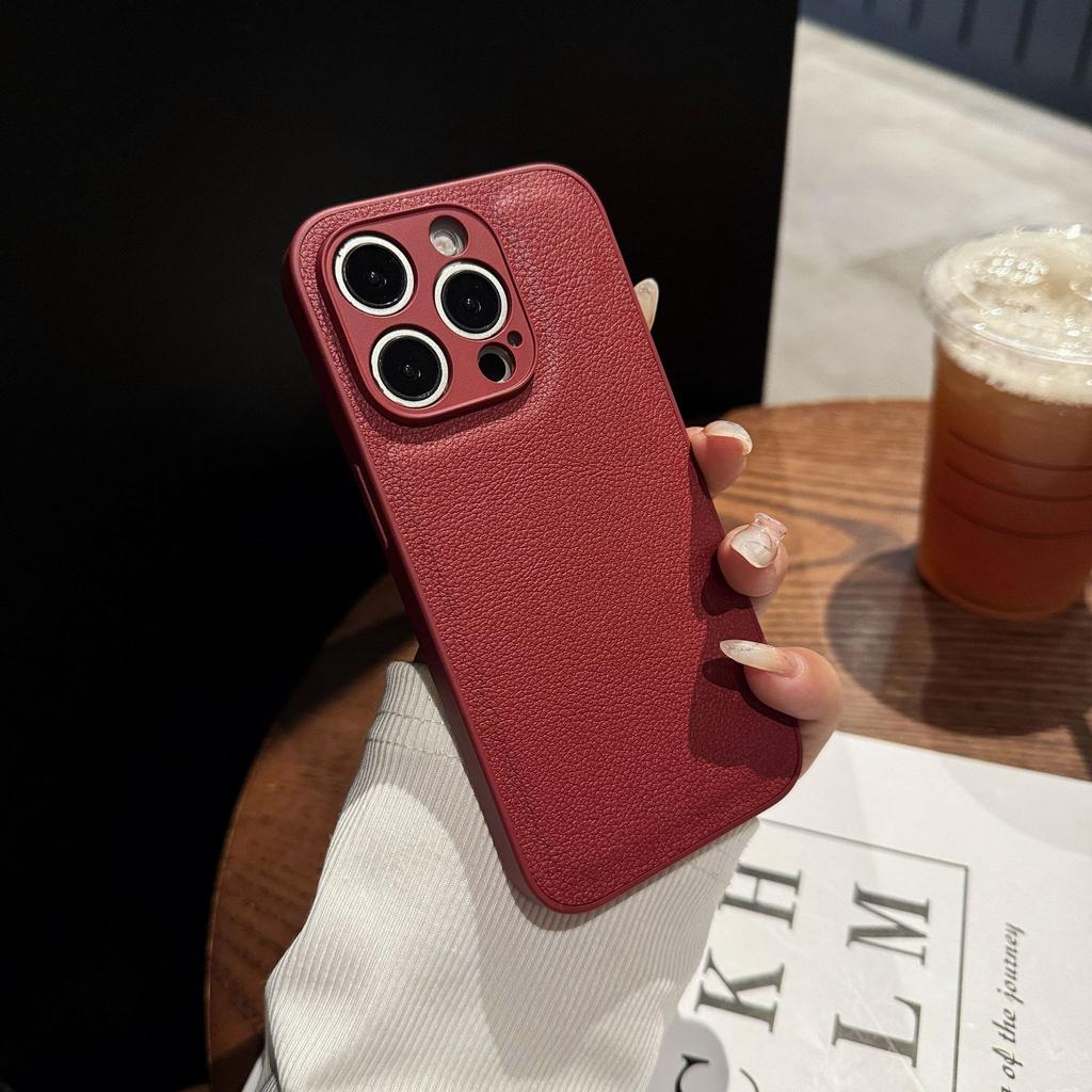 Lychee Pattern for IPhone 16 Stand Phone Case Card Holder Solid Color for IPhone 12 Simple 15 Protective Cover