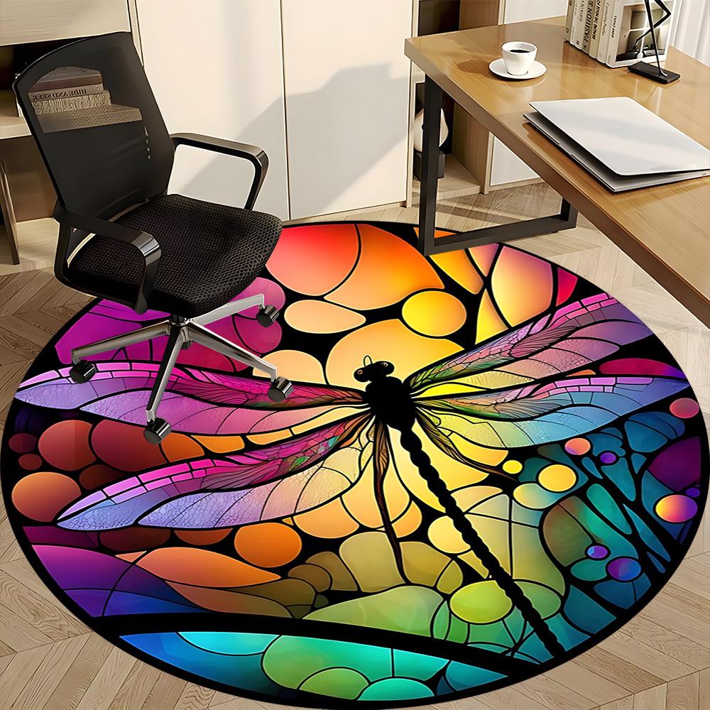 1pc Dragonfly StainedGlass Office Round Area Rug,  Mat Suitable ForOffice, Under Office Chairs Bedroom Living Room Home Decor, Room Deco