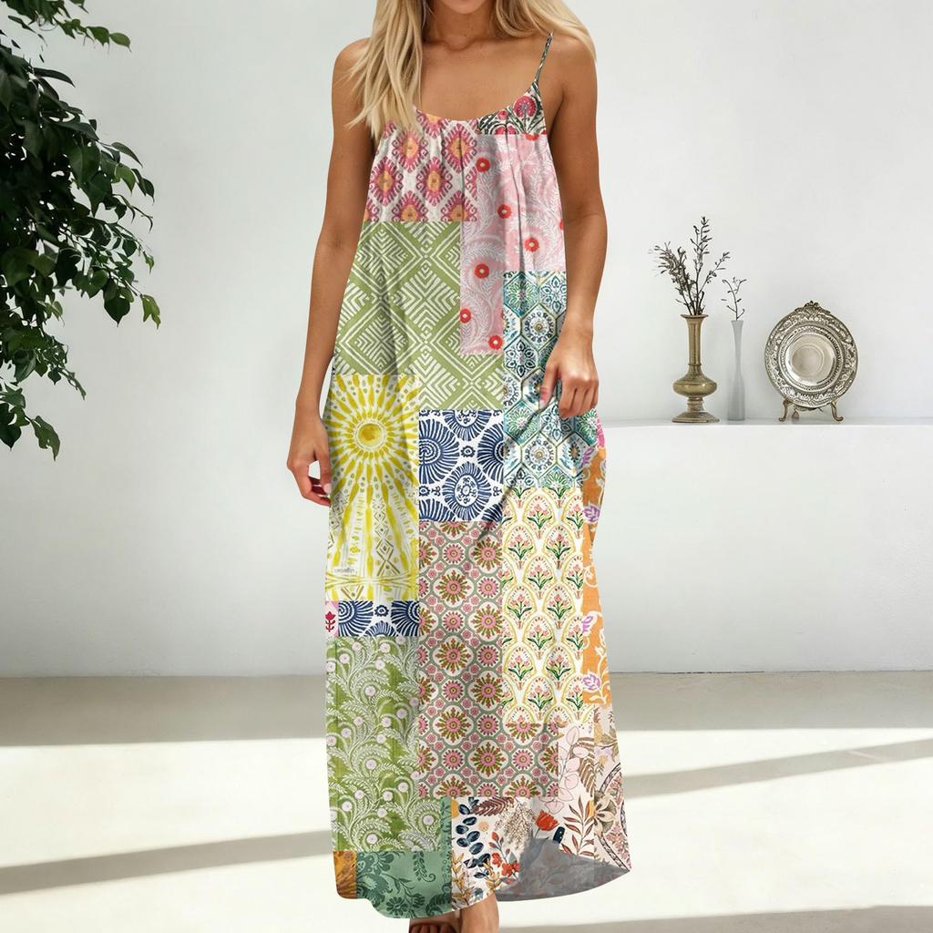 Damenmode Rückenfreies Spaghettiträger Lässiges Lockeres Vintage-Print-Kleid