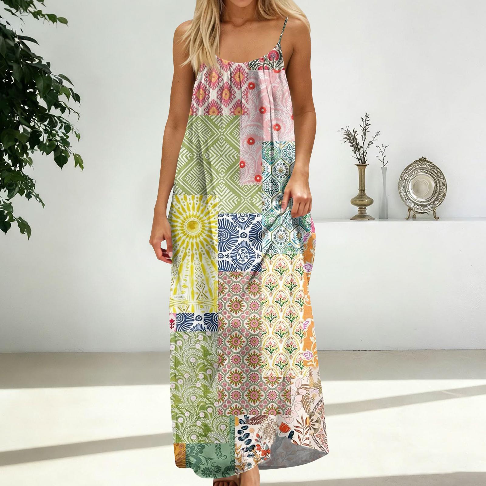 

Women s Fashion Backless Spaghetti Strap Casual Loose-Fit Vintage Print Dress XL