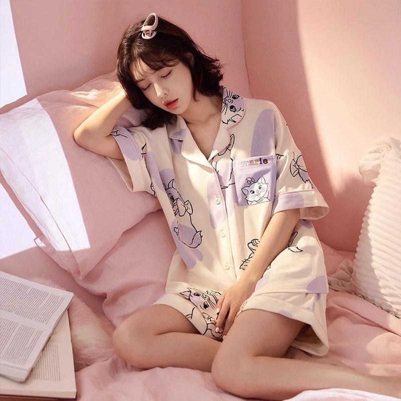 GMXIA High-quality Cotton-like Cute Cardigan Short-sleeved Student Pajamas for Women, Sweet Summer Style for Women's Home Wear