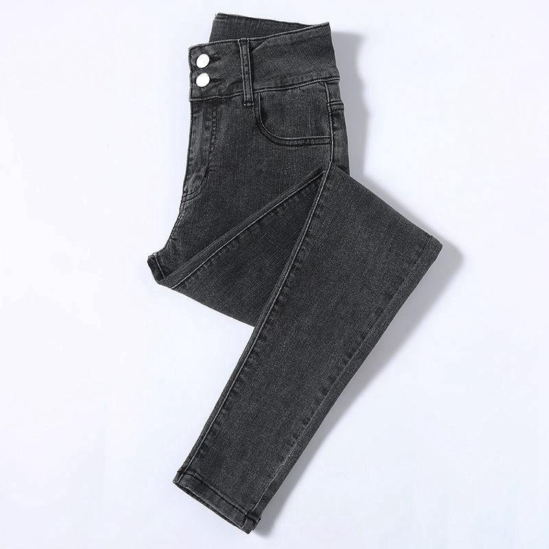 Women's High Waist Elastic Denim Skinny Pants - Double Button Pencil Style for Spring, Autumn, Winter
