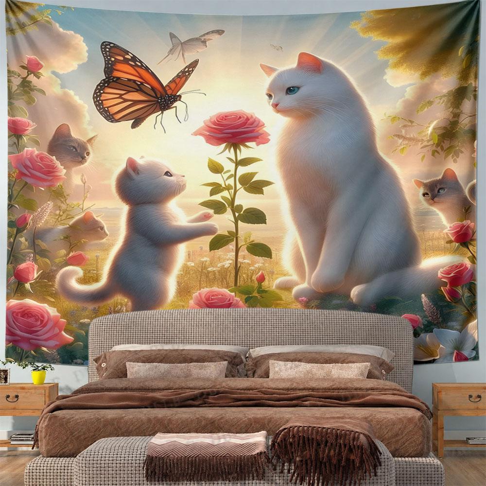 "Whimsical Cats and Butterfly Garden Scene" Pattern Wall Hanging Tapestry Decorative Tapestry Home Decor for Bedroom and Living Room