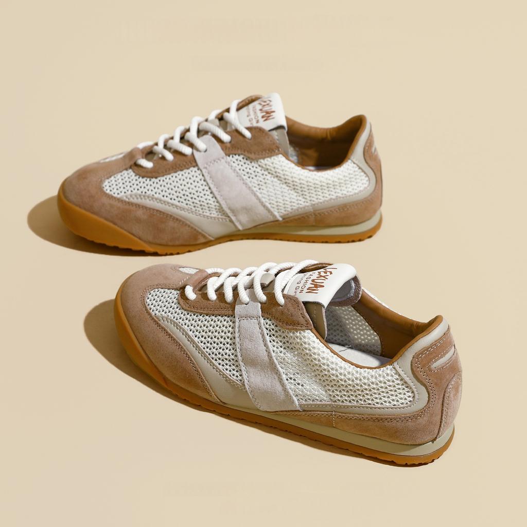Soft leather version~ Flat-bottomed German training shoes for women's 2025 spring new models, not tired feet, mesh breathable and versatile casual For