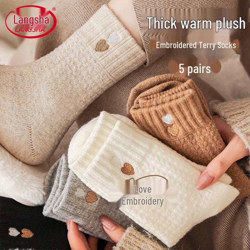 Langsha Women s Warm Heart Embroidered Plush Mid-Calf Socks One Size